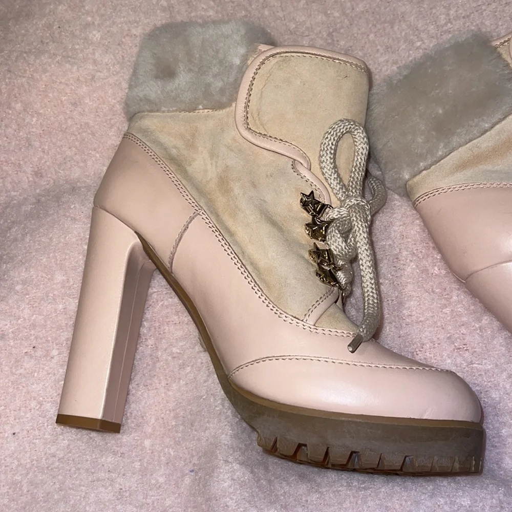 RED VALENTINO Nude Lace Up with Fur Leather Heels Boots/Booties - Picture 10 of 12